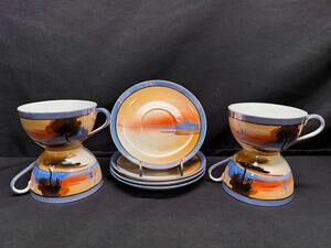 Set of 4 Vintage Chikaramachi Tea Cups & Saucers Hand Painted Sunset Tree orange